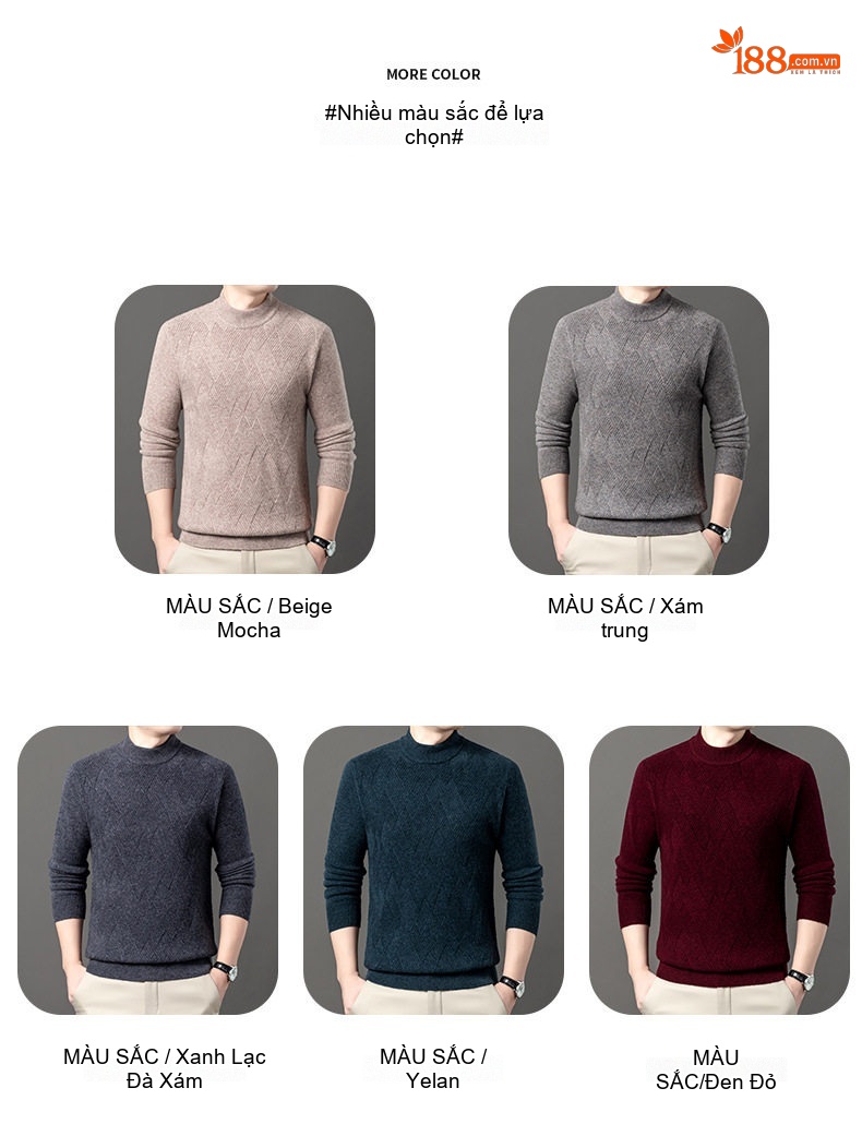 Áo Len Nam Cashmere Dệt Kim Cổ Tròn Dáng Ôm Màu Be, Đen, Xanh, Đỏ chi tiết 7