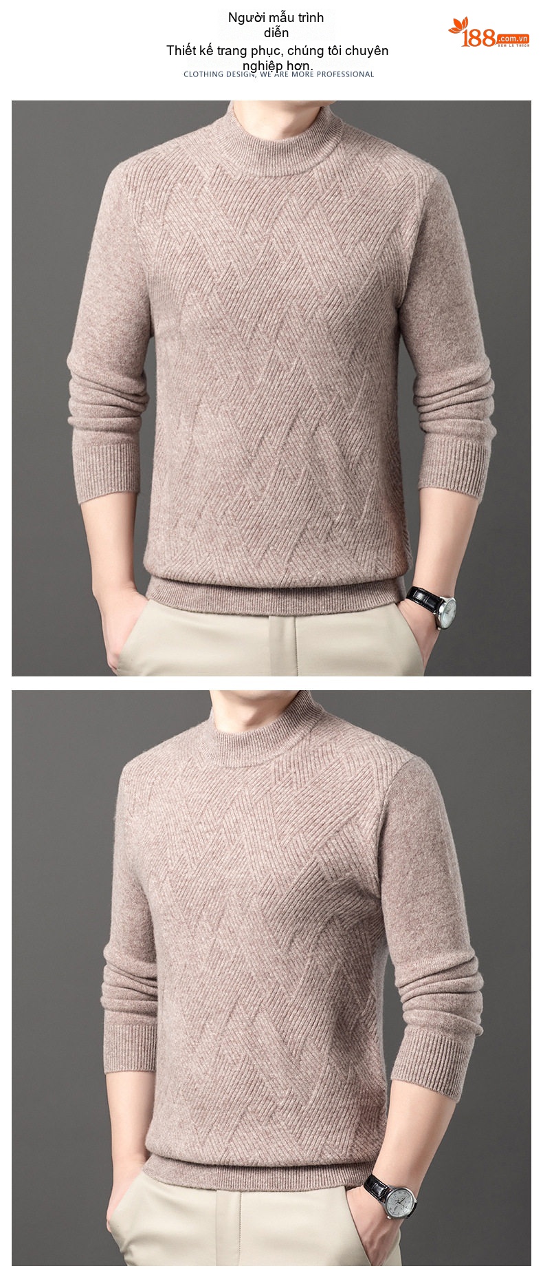 Áo Len Nam Cashmere Dệt Kim Cổ Tròn Dáng Ôm Màu Be, Đen, Xanh, Đỏ chi tiết 8