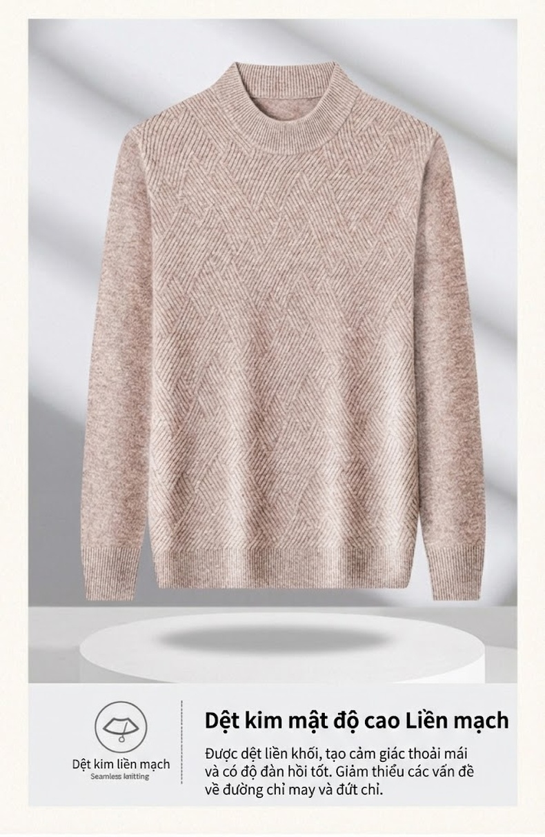 Áo Len Nam Cashmere Dệt Kim Cổ Tròn Dáng Ôm Màu Be, Đen, Xanh, Đỏ chi tiết 5
