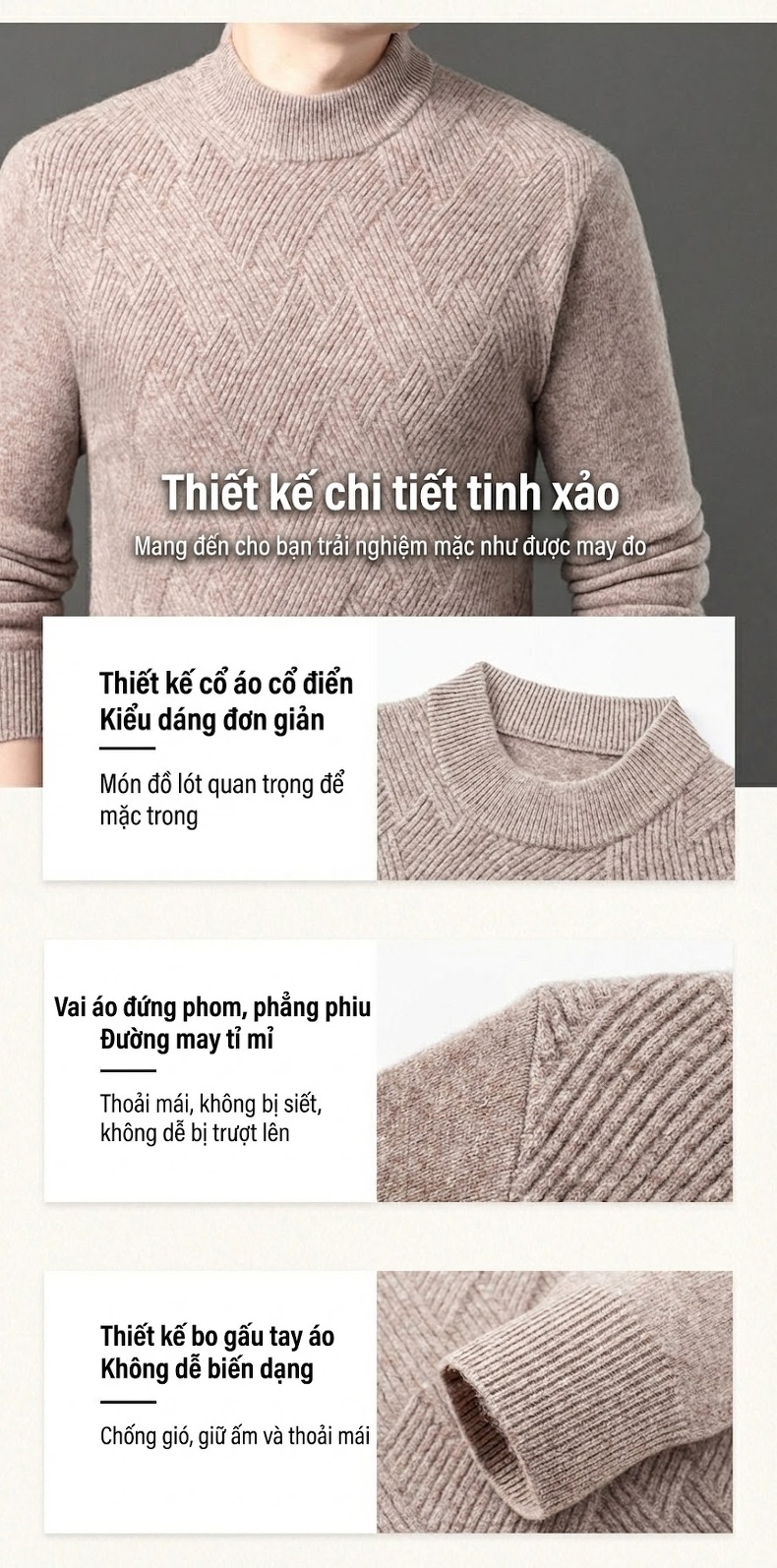 Áo Len Nam Cashmere Dệt Kim Cổ Tròn Dáng Ôm Màu Be, Đen, Xanh, Đỏ chi tiết 4