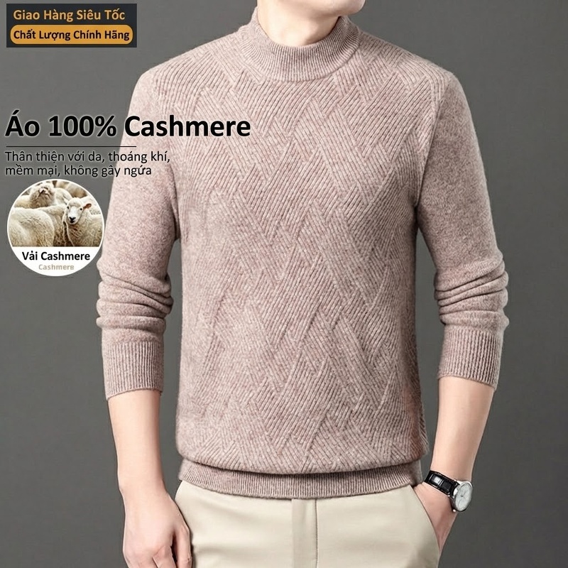 Áo Len Nam Cashmere Dệt Kim Cổ Tròn Dáng Ôm Màu Be, Đen, Xanh, Đỏ