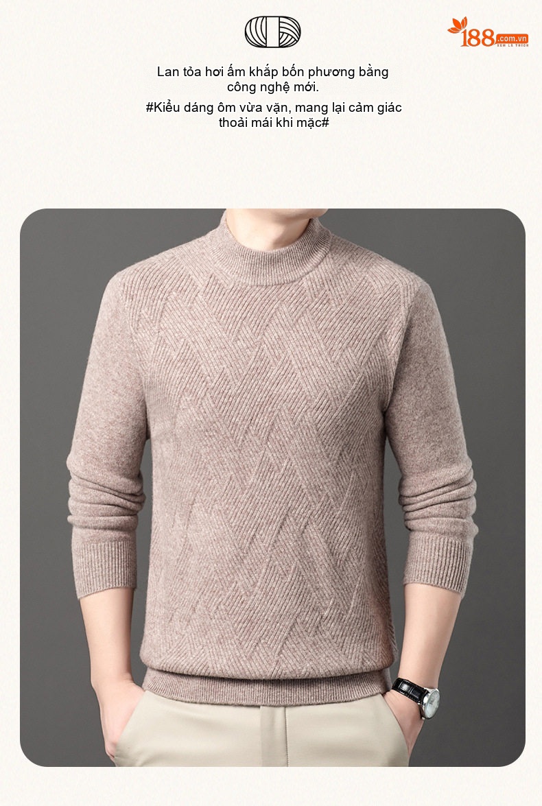Áo Len Nam Cashmere Dệt Kim Cổ Tròn Dáng Ôm Màu Be, Đen, Xanh, Đỏ chi tiết 1