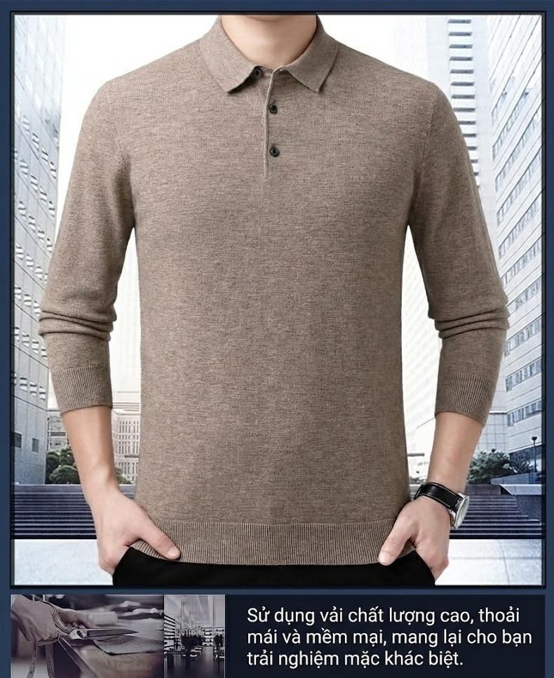 Áo Len Nam Cổ Bẻ Erdos Wool Dày Dặn Kiểu Chui Đầu Dành Cho Trung Niên Màu Be, Xám, Đỏ, Đỏ Tía chi tiết 1