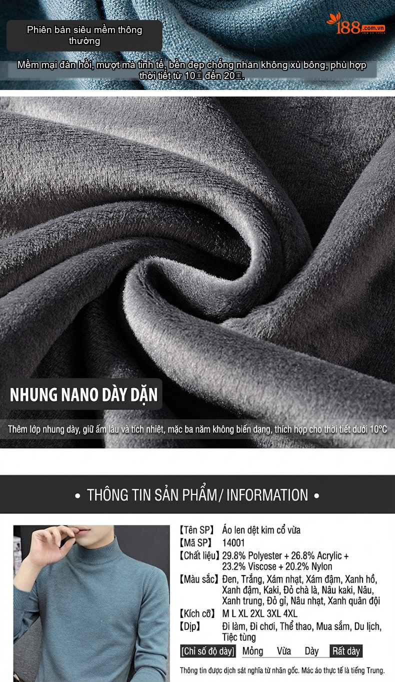 Áo Len Nam Cổ Lọ Dệt Kim Giữ Ấm Dáng Ôm Màu Xanh, Đen, Trắng, Xám... chi tiết 7