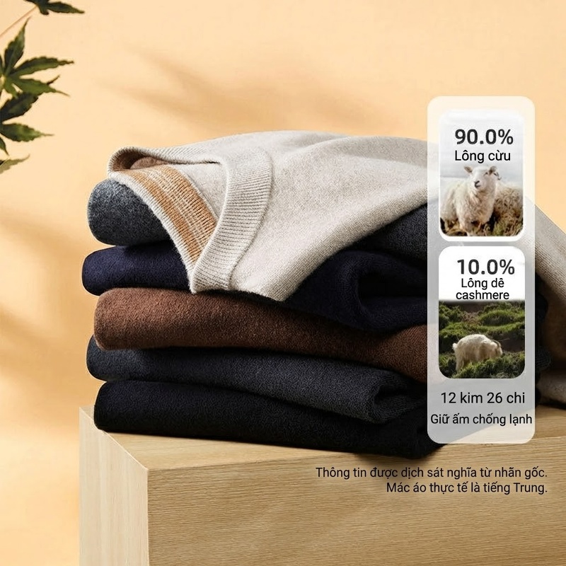 Áo Len Nam Dệt Kim Cổ Tròn Lông Cừu Cashmere Màu Đen, Xám, Be