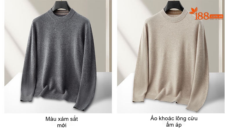 Áo Len Nam Dệt Kim Cổ Tròn Lông Cừu Cashmere Màu Đen, Xám, Be chi tiết 4