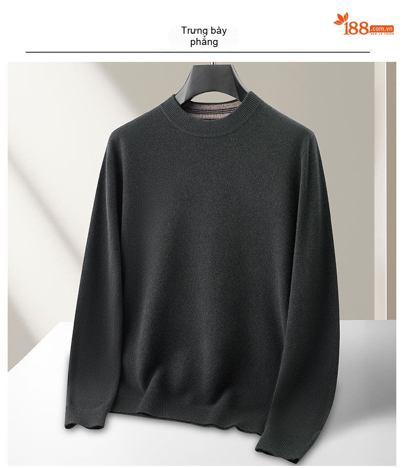 Áo Len Nam Dệt Kim Cổ Tròn Lông Cừu Cashmere Màu Đen, Xám, Be chi tiết 7