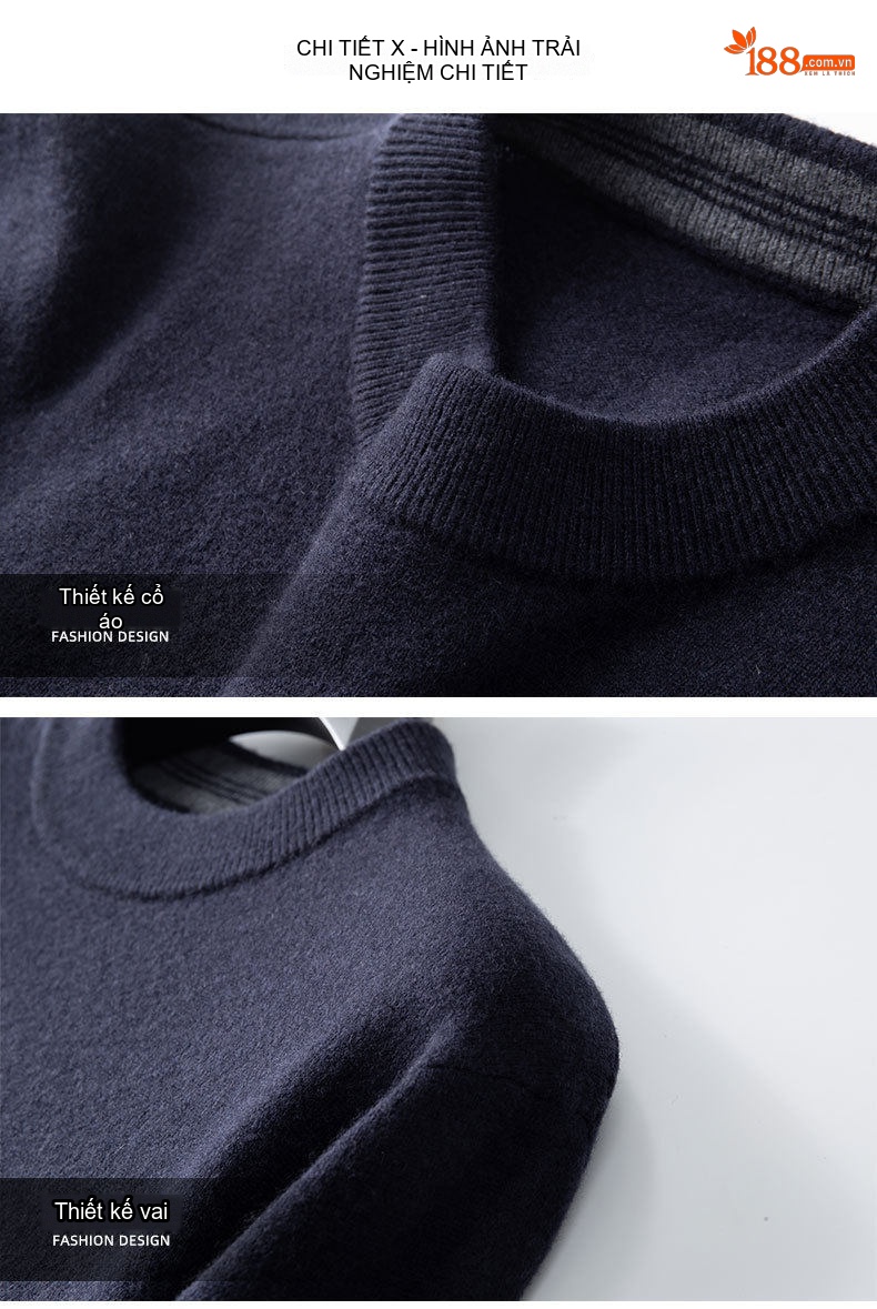 Áo Len Nam Dệt Kim Cổ Tròn Lông Cừu Cashmere Màu Đen, Xám, Be chi tiết 14