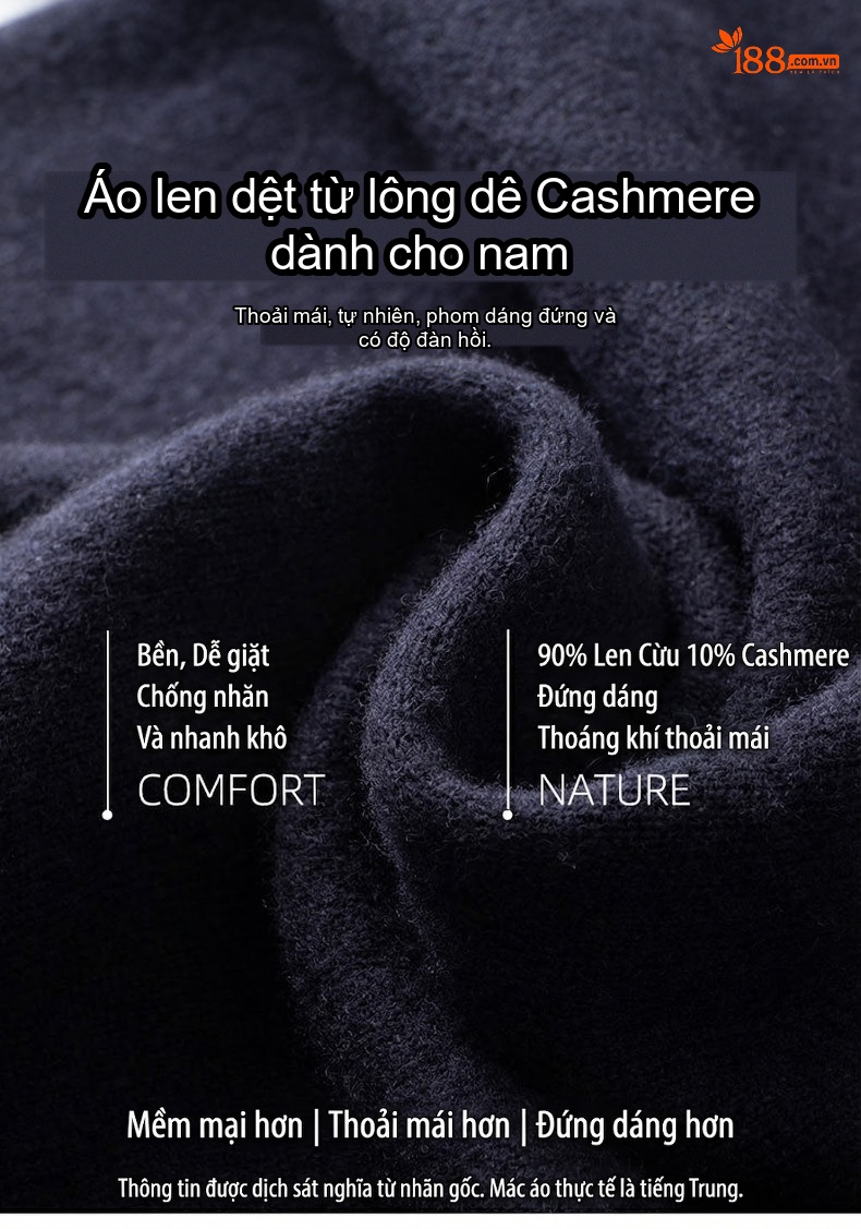 Áo Len Nam Dệt Kim Cổ Tròn Lông Cừu Cashmere Màu Đen, Xám, Be chi tiết 1