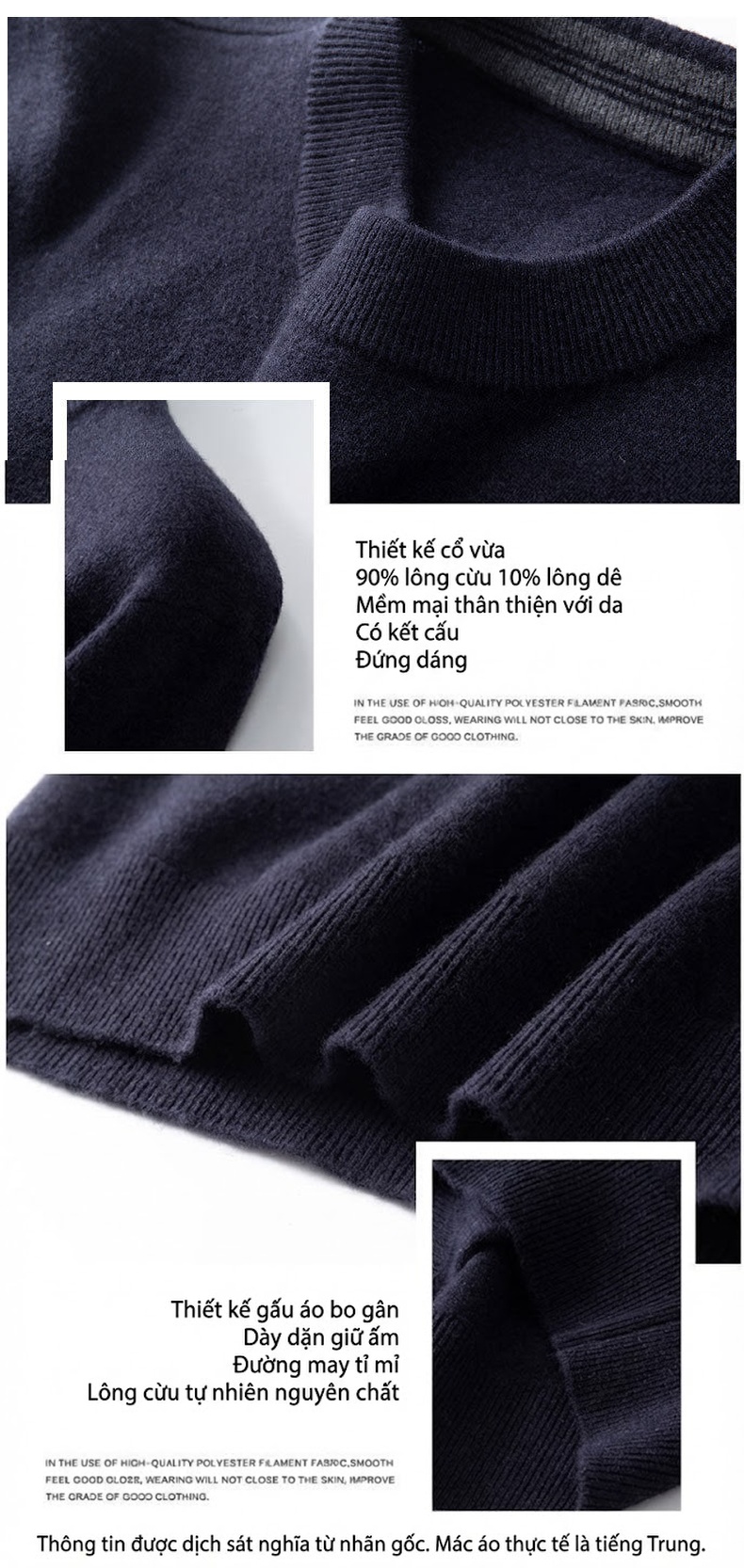 Áo Len Nam Dệt Kim Cổ Tròn Lông Cừu Cashmere Màu Đen, Xám, Be chi tiết 6