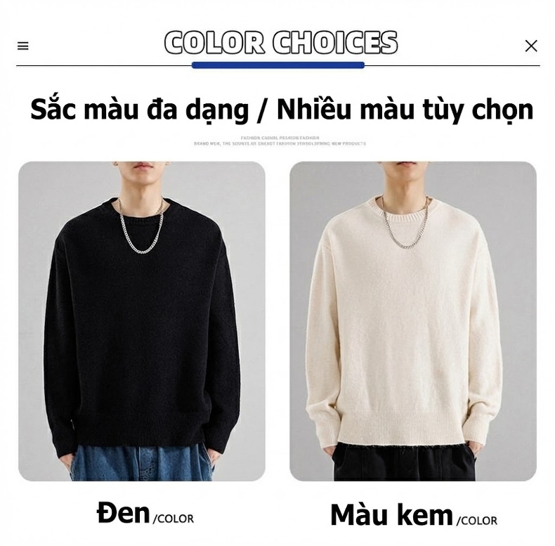 Áo Len Nam Dệt Kim Cổ Tròn Màu Đen, Xanh Da Trời, Đỏ, Trắng Kem... chi tiết 6