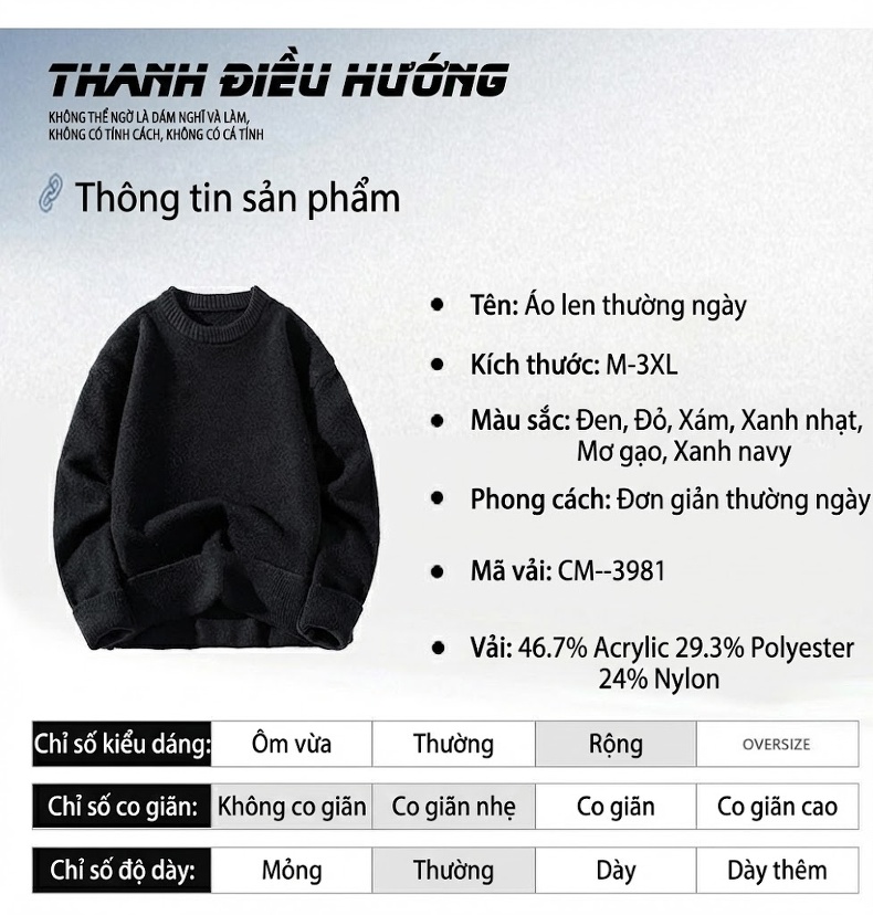 Áo Len Nam Dệt Kim Cổ Tròn Màu Đen, Xanh Da Trời, Đỏ, Trắng Kem... chi tiết 8