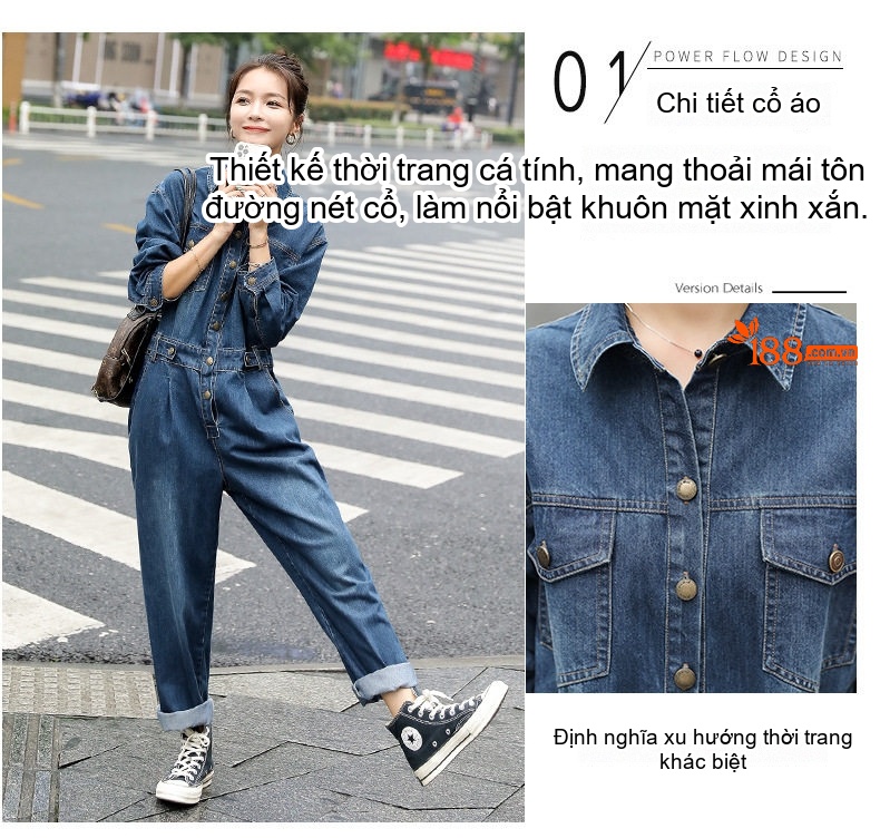 Áo Liền Quần Jean Nữ Dáng Rộng Phong Cách Retro Trẻ Trung chi tiết 6
