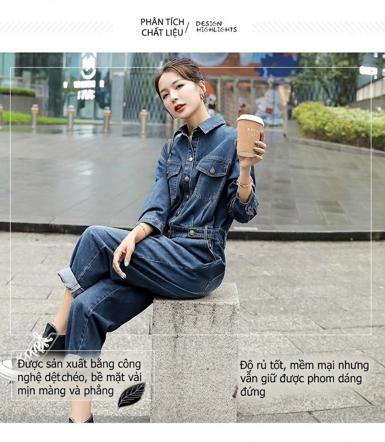 Áo Liền Quần Jean Nữ Dáng Rộng Phong Cách Retro Trẻ Trung chi tiết 9