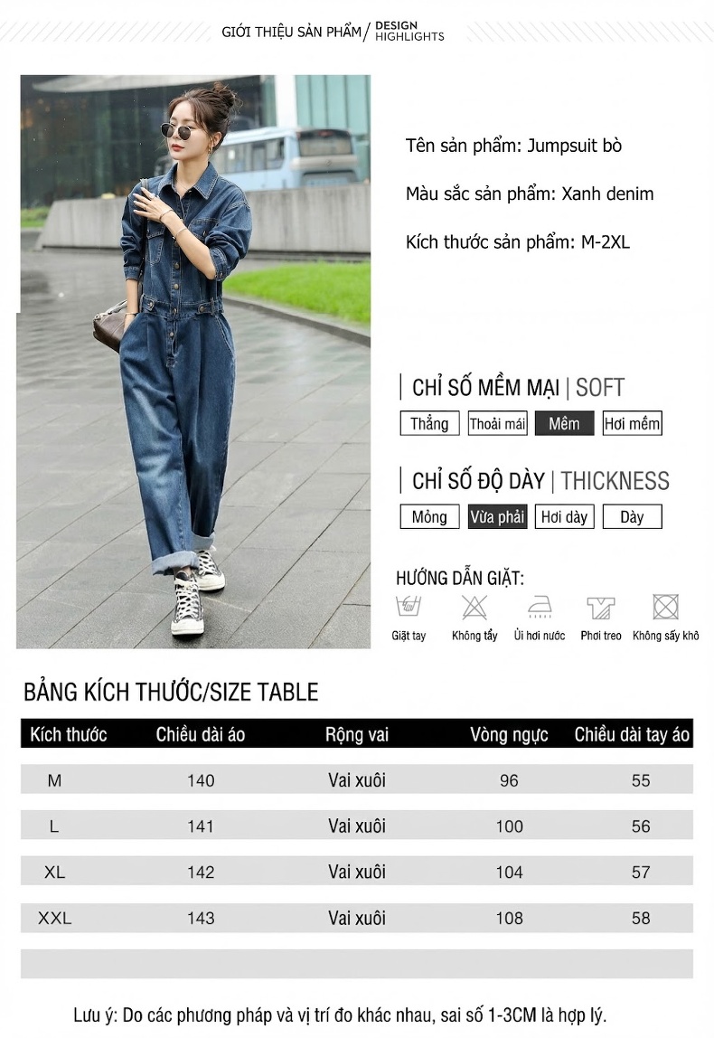 Áo Liền Quần Jean Nữ Dáng Rộng Phong Cách Retro Trẻ Trung chi tiết 10