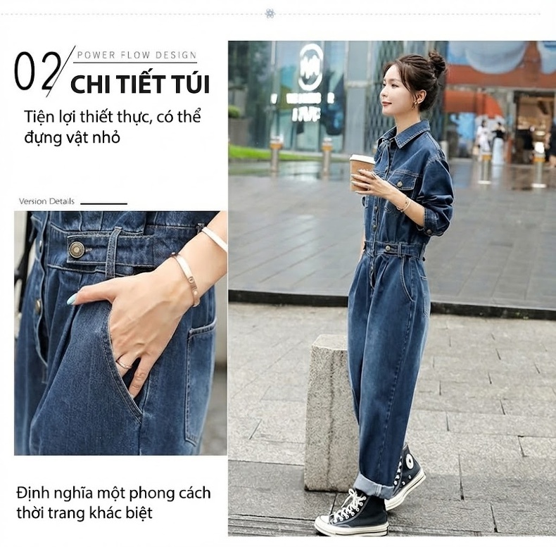 Áo Liền Quần Jean Nữ Dáng Rộng Phong Cách Retro Trẻ Trung chi tiết 7