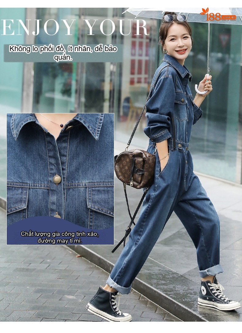 Áo Liền Quần Jean Nữ Dáng Rộng Phong Cách Retro Trẻ Trung chi tiết 3