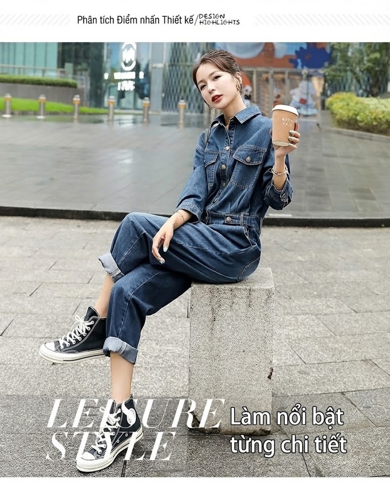 Áo Liền Quần Jean Nữ Dáng Rộng Phong Cách Retro Trẻ Trung chi tiết 5