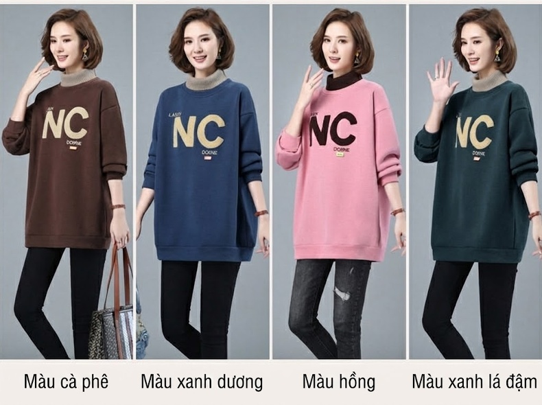 Áo Nỉ Cổ Lọ Nữ Dáng Dài Lót Lông Dày Dặn In Chữ Phong Cách Thu Đông Màu Xanh, Hồng, Nâu, Xanh Dương... chi tiết 10