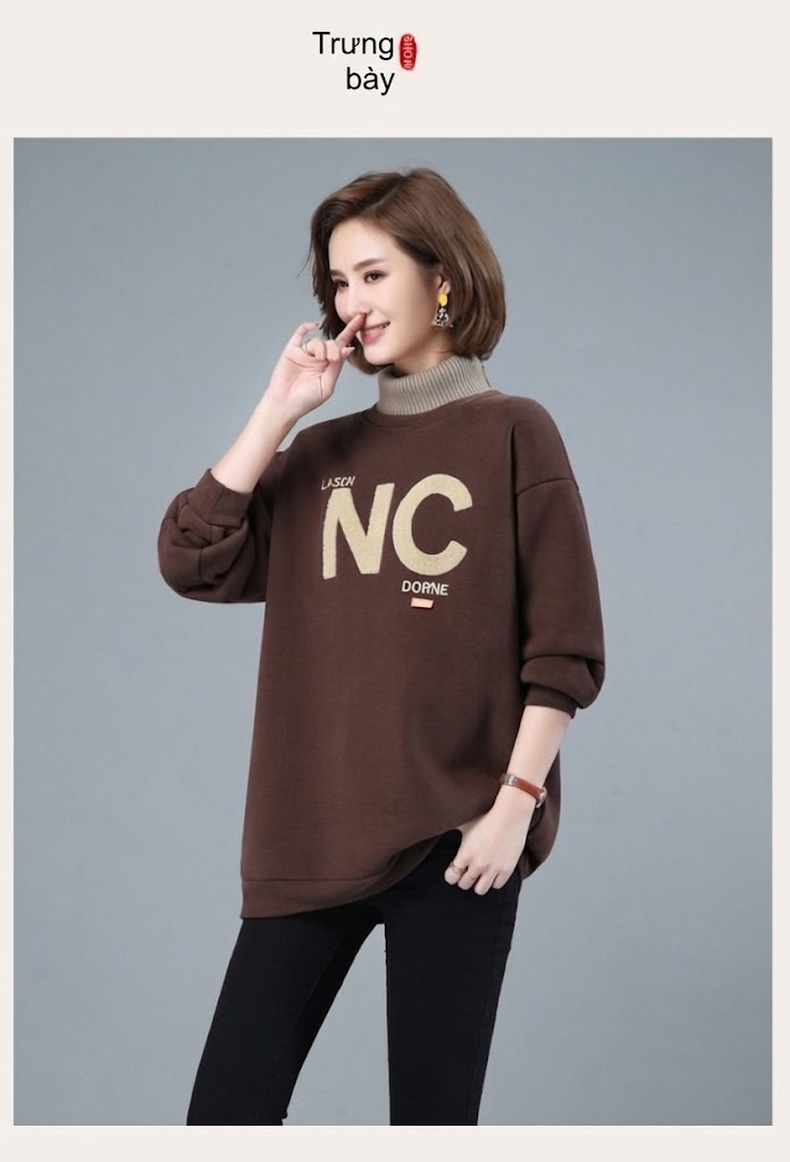 Áo Nỉ Cổ Lọ Nữ Dáng Dài Lót Lông Dày Dặn In Chữ Phong Cách Thu Đông Màu Xanh, Hồng, Nâu, Xanh Dương... chi tiết 11