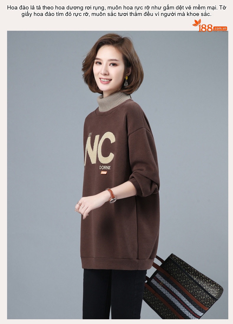 Áo Nỉ Cổ Lọ Nữ Dáng Dài Lót Lông Dày Dặn In Chữ Phong Cách Thu Đông Màu Xanh, Hồng, Nâu, Xanh Dương... chi tiết 14