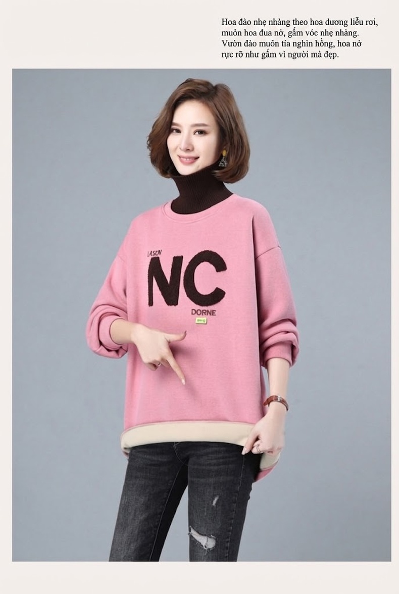 Áo Nỉ Cổ Lọ Nữ Dáng Dài Lót Lông Dày Dặn In Chữ Phong Cách Thu Đông Màu Xanh, Hồng, Nâu, Xanh Dương... chi tiết 18