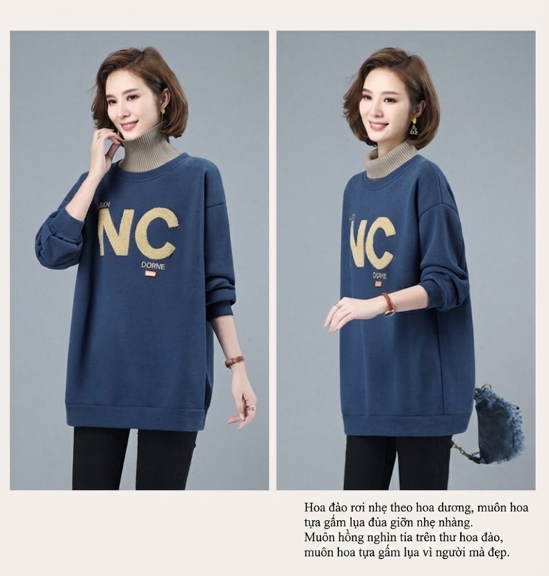 Áo Nỉ Cổ Lọ Nữ Dáng Dài Lót Lông Dày Dặn In Chữ Phong Cách Thu Đông Màu Xanh, Hồng, Nâu, Xanh Dương... chi tiết 21