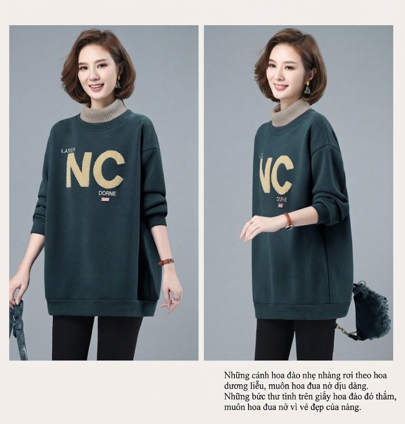 Áo Nỉ Cổ Lọ Nữ Dáng Dài Lót Lông Dày Dặn In Chữ Phong Cách Thu Đông Màu Xanh, Hồng, Nâu, Xanh Dương... chi tiết 25
