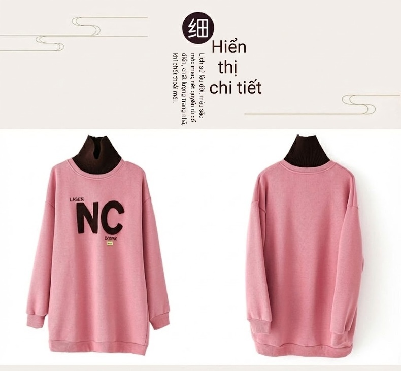 Áo Nỉ Cổ Lọ Nữ Dáng Dài Lót Lông Dày Dặn In Chữ Phong Cách Thu Đông Màu Xanh, Hồng, Nâu, Xanh Dương... chi tiết 27