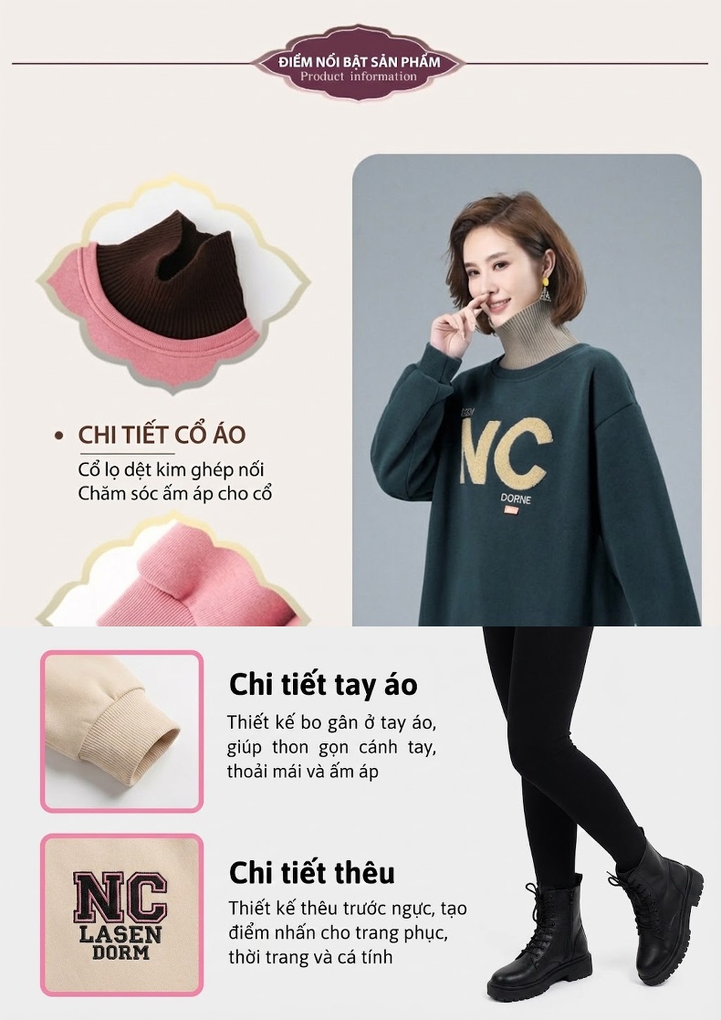 Áo Nỉ Cổ Lọ Nữ Dáng Dài Lót Lông Dày Dặn In Chữ Phong Cách Thu Đông Màu Xanh, Hồng, Nâu, Xanh Dương... chi tiết 5