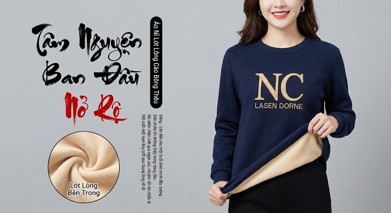 Áo Nỉ Cổ Lọ Nữ Dáng Dài Lót Lông Dày Dặn In Chữ Phong Cách Thu Đông Màu Xanh, Hồng, Nâu, Xanh Dương... chi tiết 1