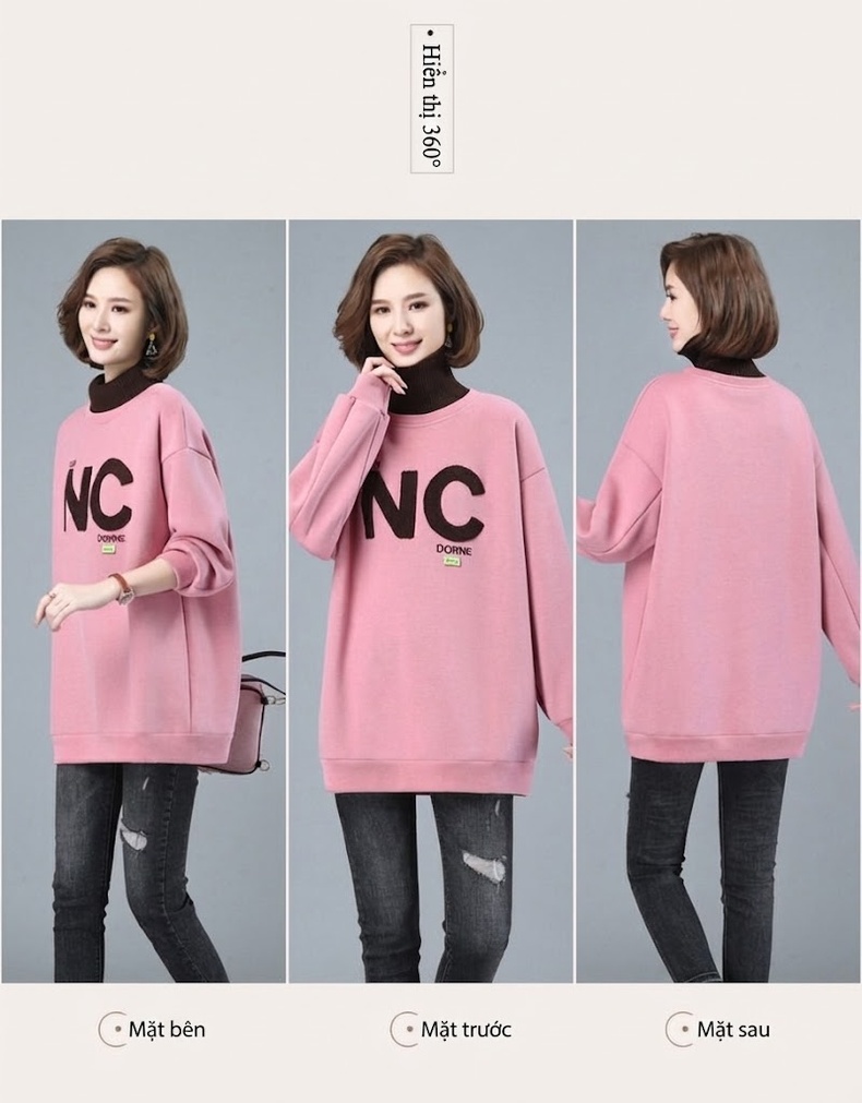 Áo Nỉ Cổ Lọ Nữ Dáng Dài Lót Lông Dày Dặn In Chữ Phong Cách Thu Đông Màu Xanh, Hồng, Nâu, Xanh Dương... chi tiết 3