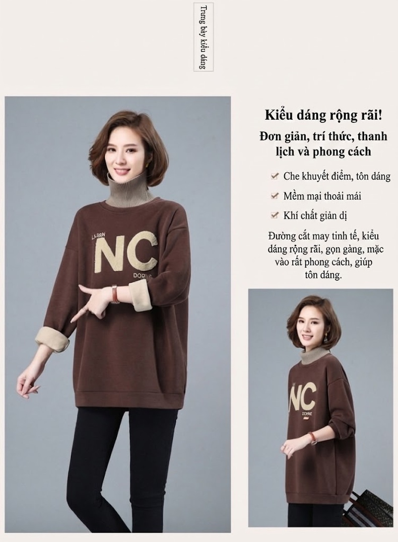 Áo Nỉ Cổ Lọ Nữ Dáng Dài Lót Lông Dày Dặn In Chữ Phong Cách Thu Đông Màu Xanh, Hồng, Nâu, Xanh Dương... chi tiết 7