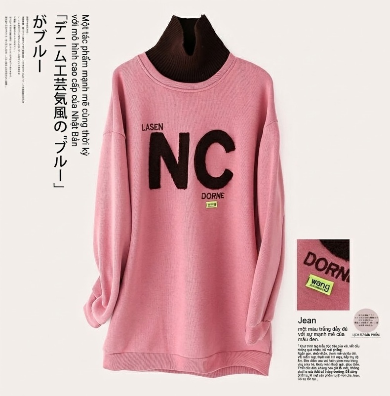 Áo Nỉ Cổ Lọ Nữ Dáng Dài Lót Lông Dày Dặn In Chữ Phong Cách Thu Đông Màu Xanh, Hồng, Nâu, Xanh Dương... chi tiết 4