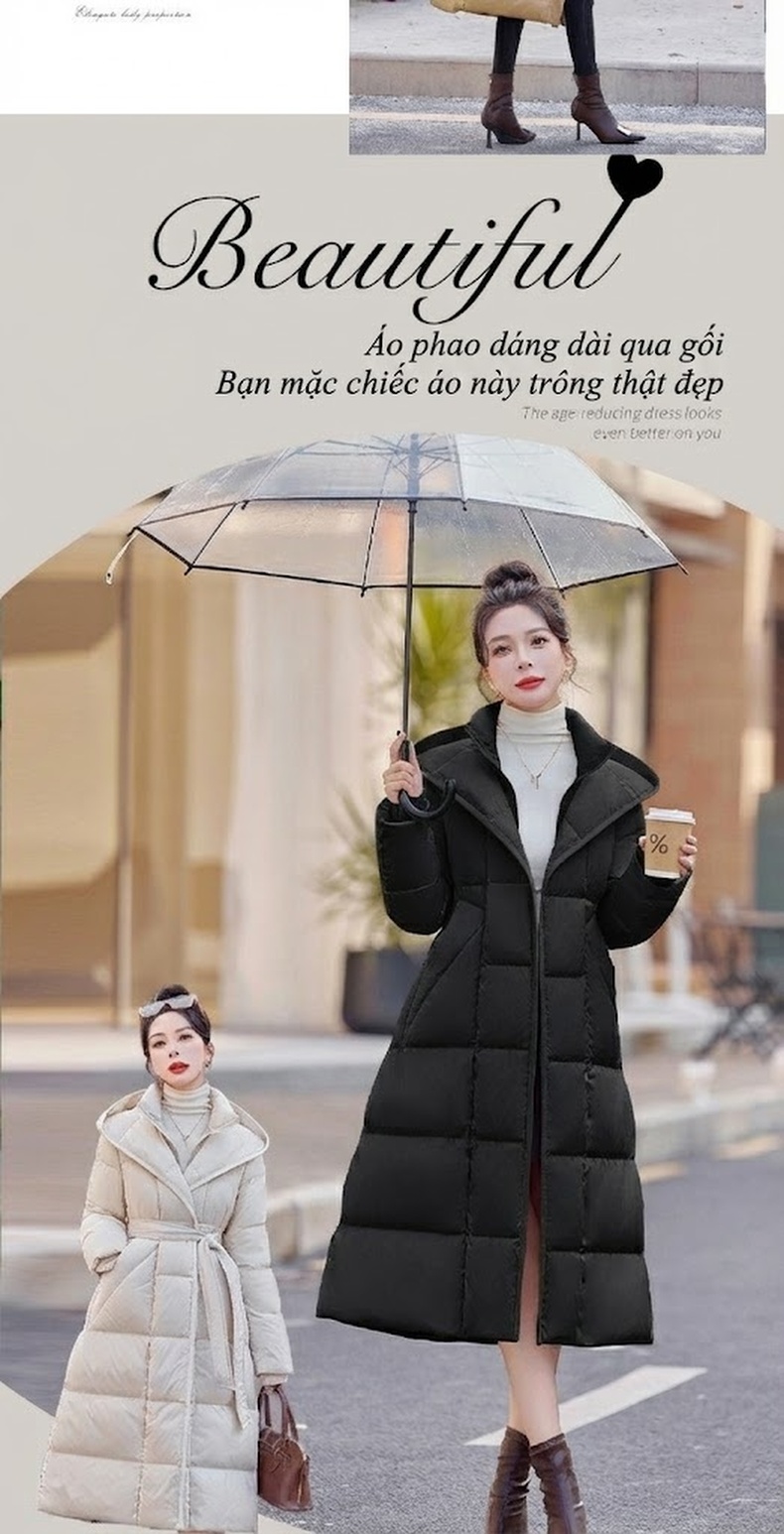 Áo Phao Dáng Dài Nữ Thu Đông 2024 Có Mũ Trùm Đầu, Thắt Eo, Ôm Dáng, Giữ Ấm Lông Vịt Trắng Màu Trắng, Nâu, Đen chi tiết 3