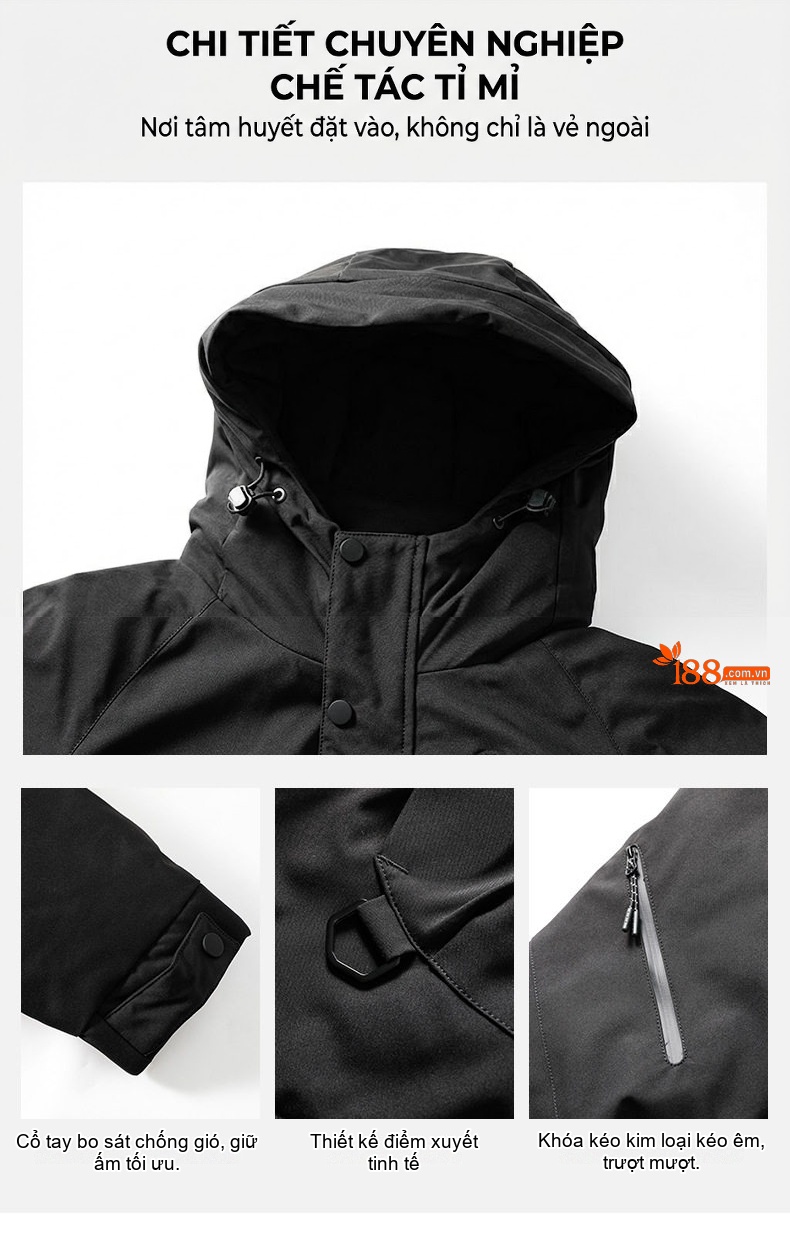 Áo Phao Nam Nữ 90% Lông Nhung Áo Khoác Parka Dáng Rộng Mũ Trùm Đầu Dày Dặn Màu Vàng, Trắng, Đen chi tiết 12