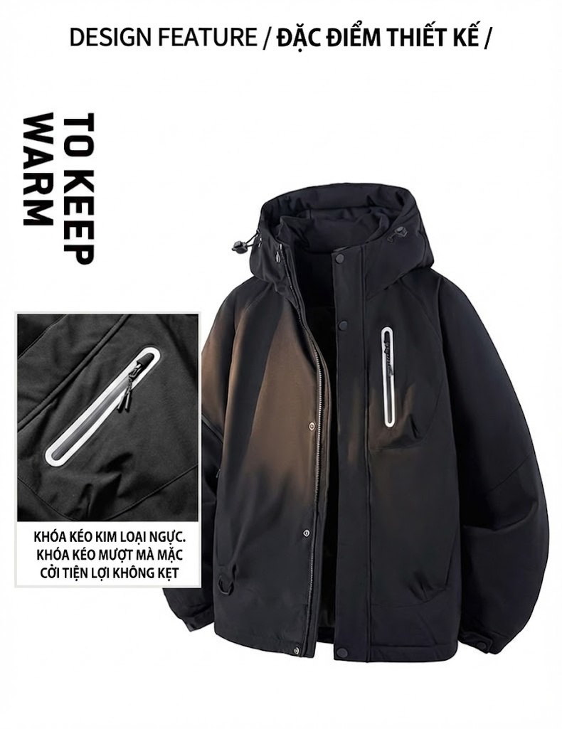 Áo Phao Nam Nữ 90% Lông Nhung Áo Khoác Parka Dáng Rộng Mũ Trùm Đầu Dày Dặn Màu Vàng, Trắng, Đen chi tiết 5