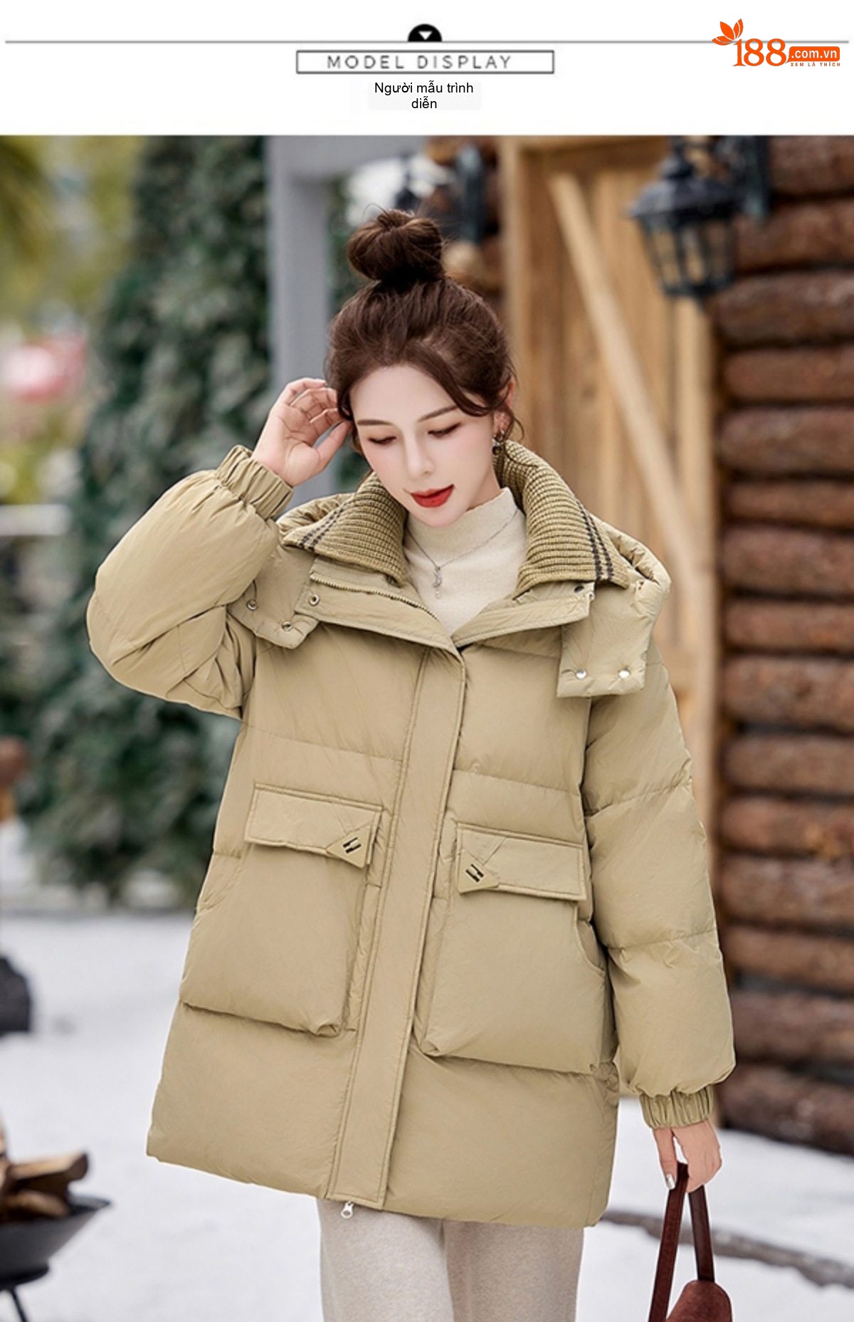 Áo Phao Nữ Dáng Dài Vừa Hàn Quốc Dáng Nhỏ Gọn Dày Dặn Ấm Áp Có Mũ Lông Vịt Trắng Màu Be, Đen chi tiết 12