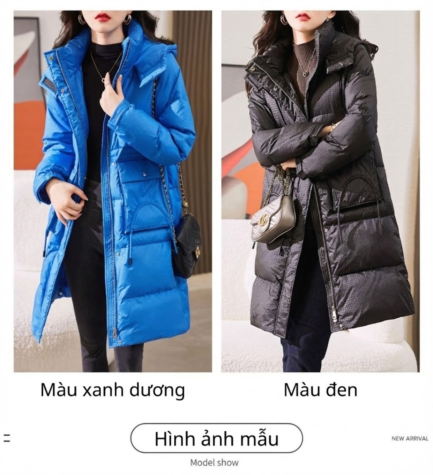 Áo Phao Nữ Dáng Dài Vừa Thiết Kế Thời Trang Chất Liệu Lông Vũ Trắng Màu Xanh Lam, Đen chi tiết 9