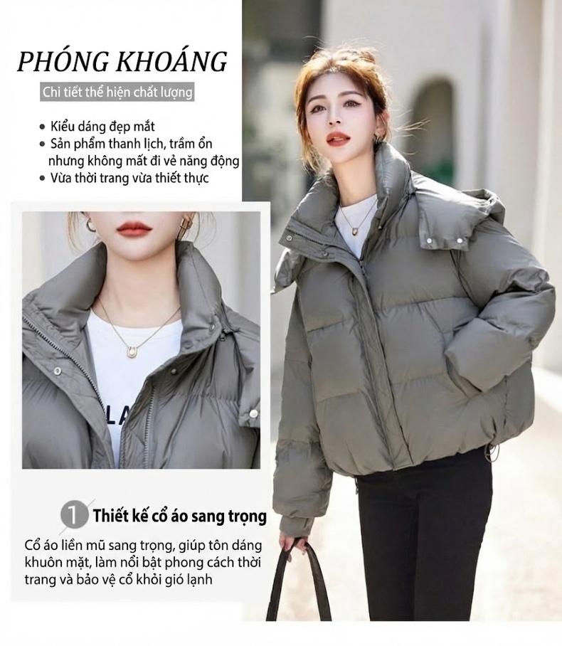 Áo Phao Nữ Dáng Ngắn Mũ Trùm Đầu Rộng Rãi Lót Lông Vũ Trắng Dày Dặn Màu Trắng, Đen, Nâu, Xám... chi tiết 7