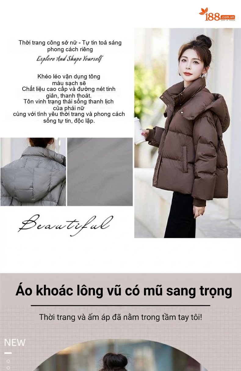 Áo Phao Nữ Dáng Ngắn Mũ Trùm Đầu Rộng Rãi Lót Lông Vũ Trắng Dày Dặn Màu Trắng, Đen, Nâu, Xám... chi tiết 4