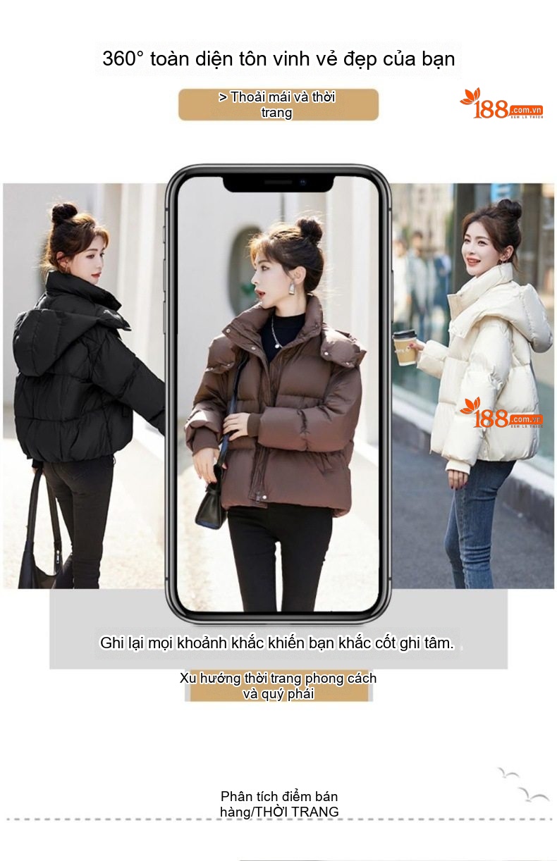 Áo Phao Nữ Dáng Ngắn Mũ Trùm Đầu Rộng Rãi Lót Lông Vũ Trắng Dày Dặn Màu Trắng, Đen, Nâu, Xám... chi tiết 6