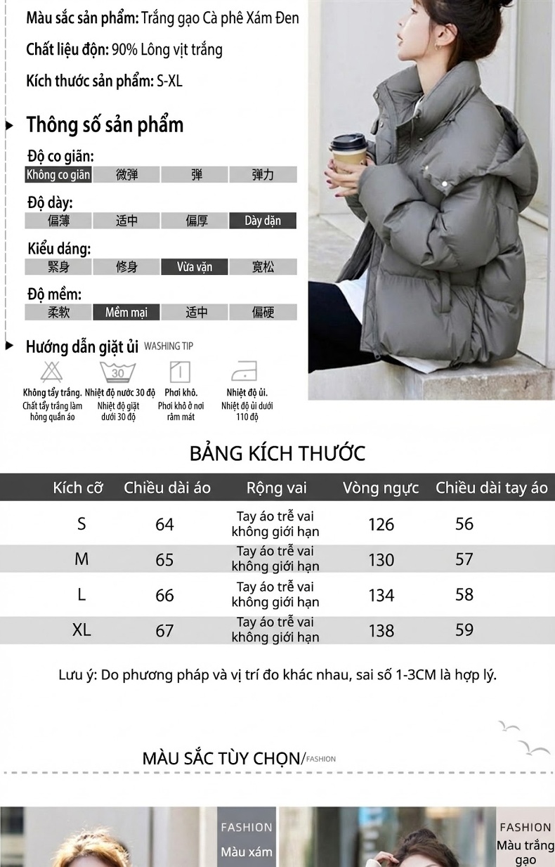 Áo Phao Nữ Dáng Ngắn Mũ Trùm Đầu Rộng Rãi Lót Lông Vũ Trắng Dày Dặn Màu Trắng, Đen, Nâu, Xám... chi tiết 14