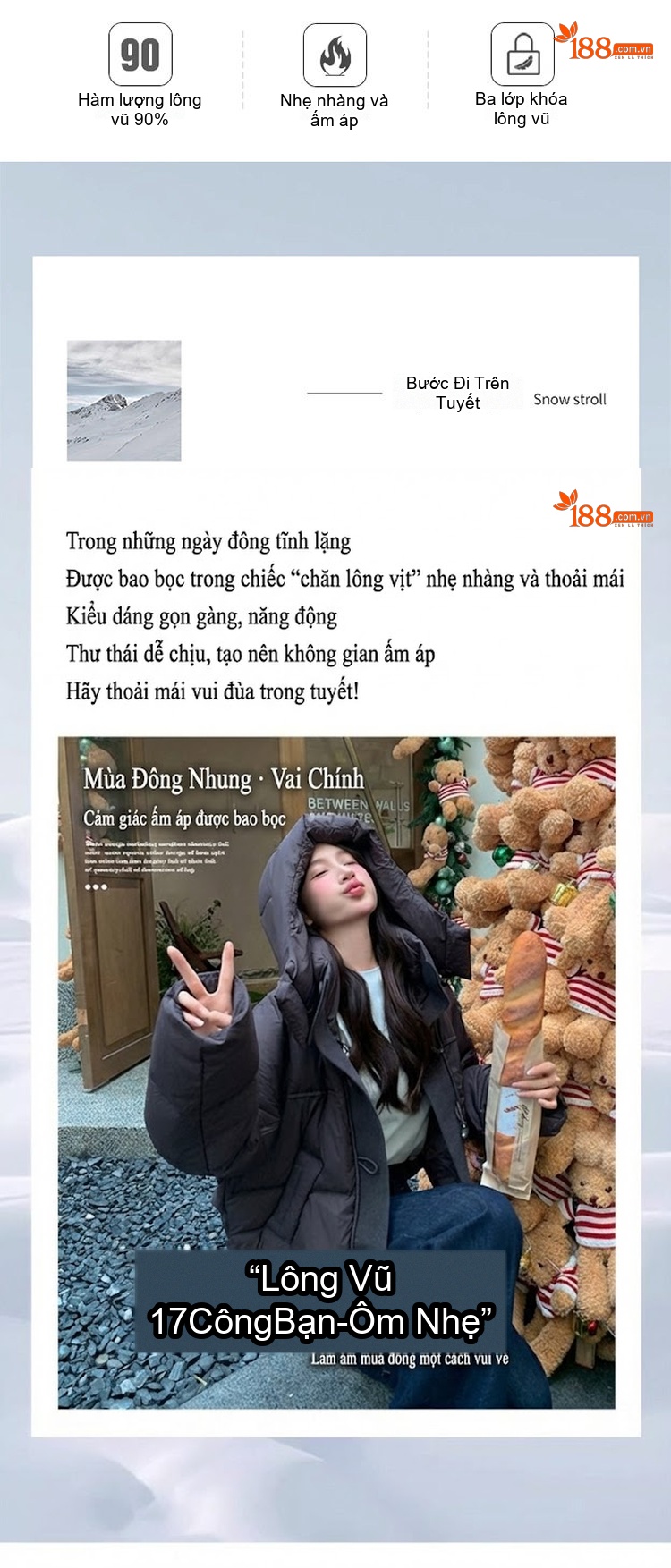Áo Phao Nữ Lông Vũ Trắng Dáng Ngắn Có Mũ Màu Nâu chi tiết 2