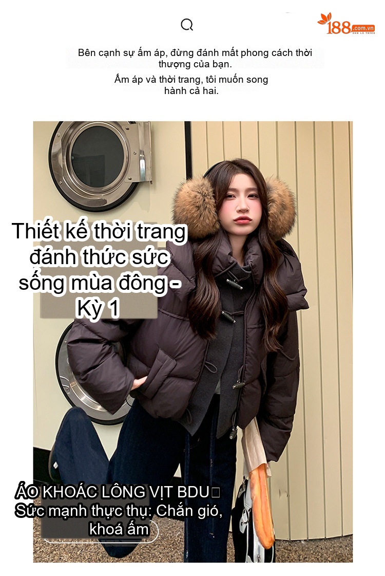 Áo Phao Nữ Lông Vũ Trắng Dáng Ngắn Có Mũ Màu Nâu chi tiết 4