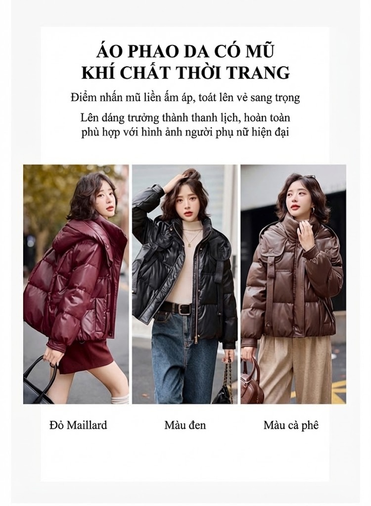 Áo Phao Nữ Ngắn Da Bóng Dáng Bánh Mì Lông Vũ Trắng Màu Đỏ Rượu Vang, Nâu, Đen chi tiết 10