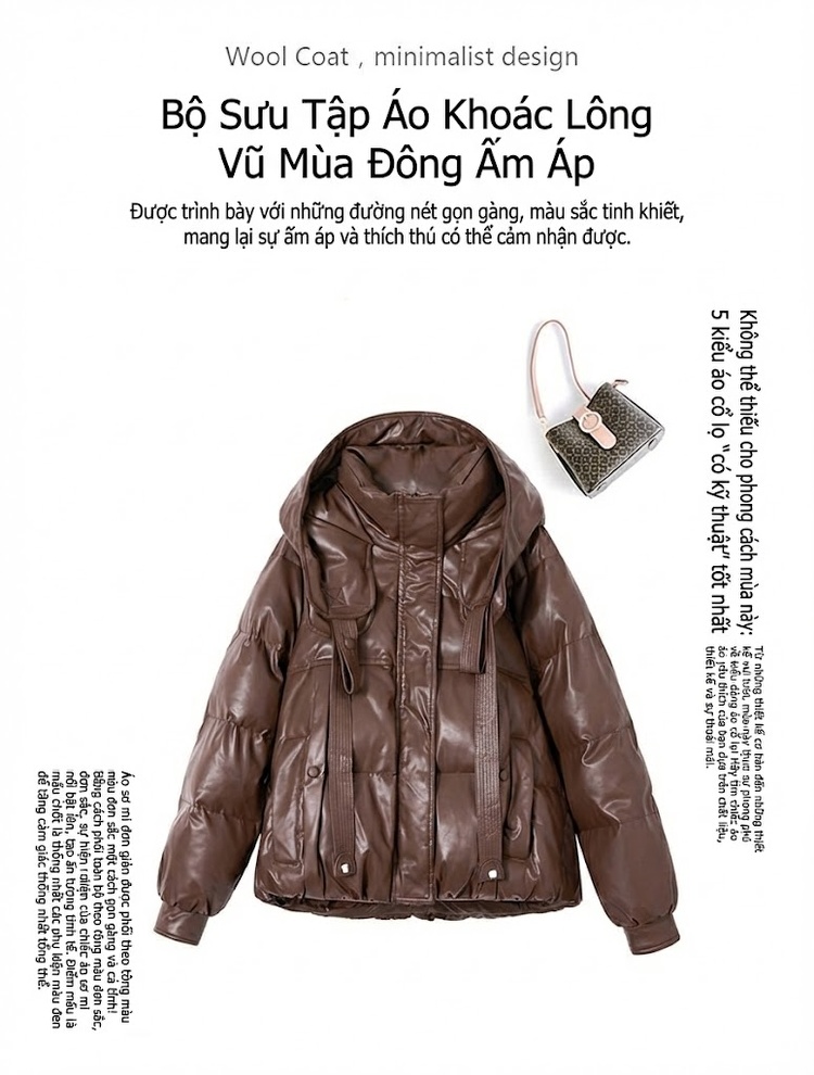 Áo Phao Nữ Ngắn Da Bóng Dáng Bánh Mì Lông Vũ Trắng Màu Đỏ Rượu Vang, Nâu, Đen chi tiết 5