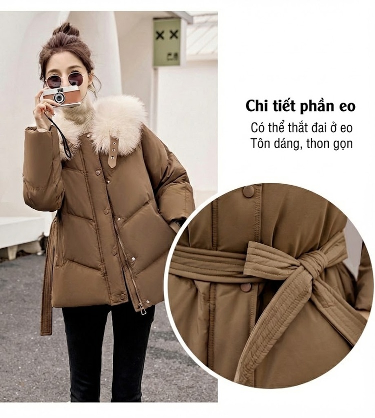 Áo Phao Nữ Ngắn Dáng Nhỏ Gọn Lót Lông Vũ Dày Ấm Phong Cách Hàn Quốc Màu Đen, Trắng, Nâu, Be chi tiết 10