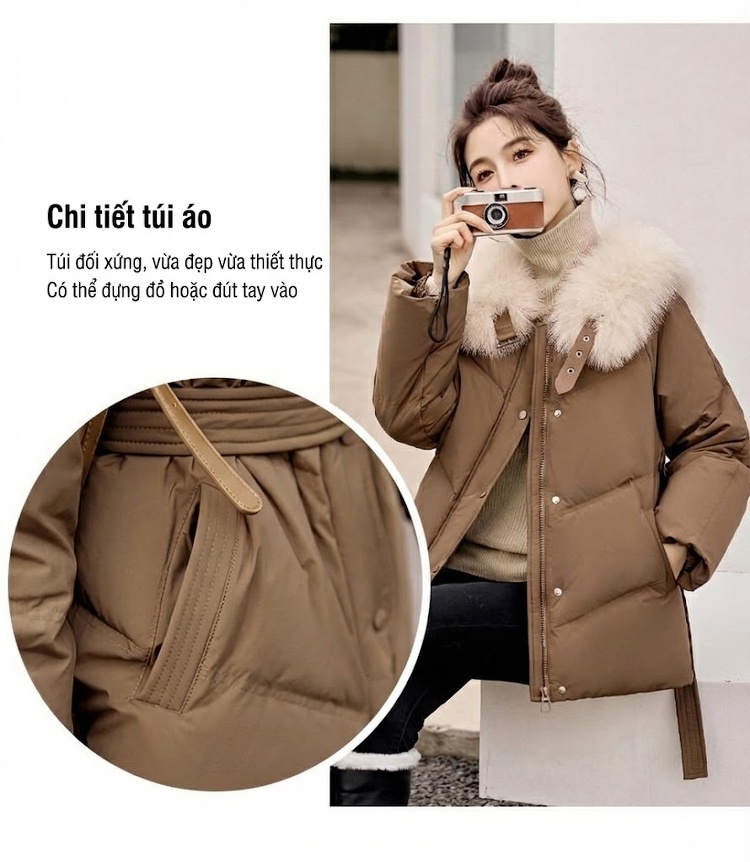Áo Phao Nữ Ngắn Dáng Nhỏ Gọn Lót Lông Vũ Dày Ấm Phong Cách Hàn Quốc Màu Đen, Trắng, Nâu, Be chi tiết 11