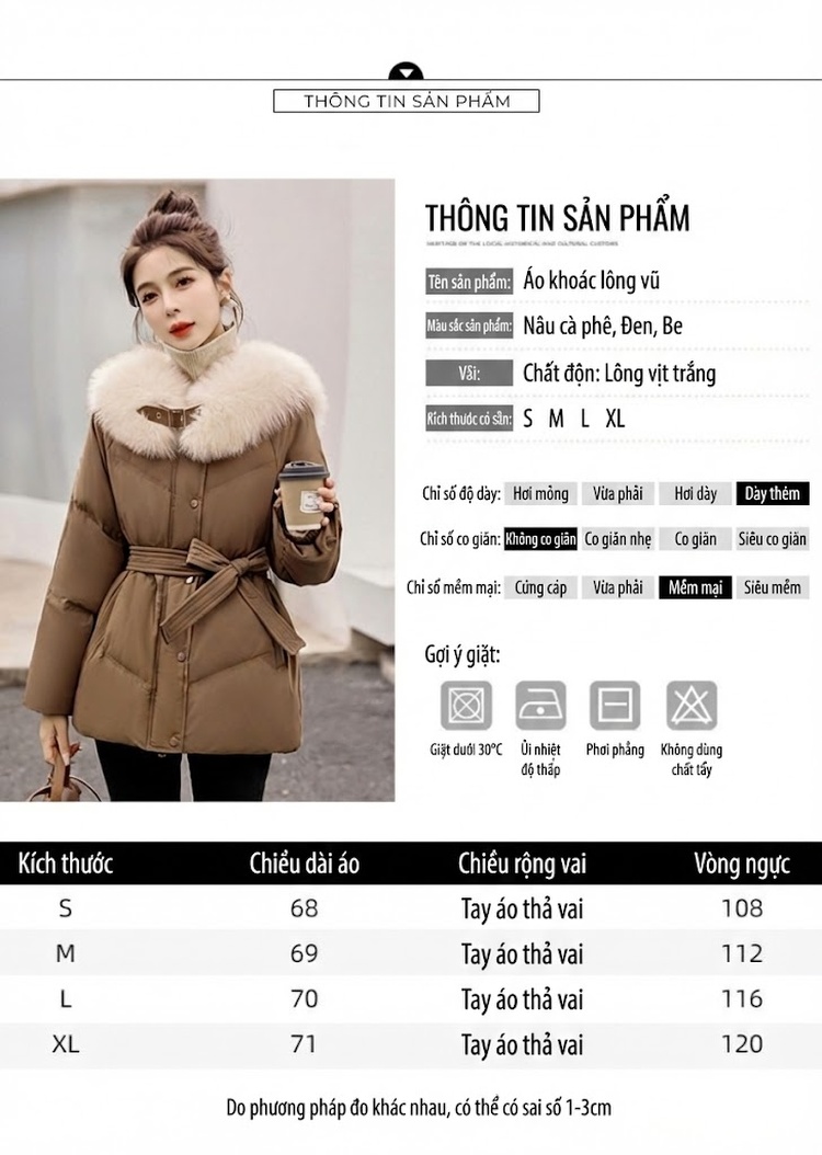 Áo Phao Nữ Ngắn Dáng Nhỏ Gọn Lót Lông Vũ Dày Ấm Phong Cách Hàn Quốc Màu Đen, Trắng, Nâu, Be chi tiết 12